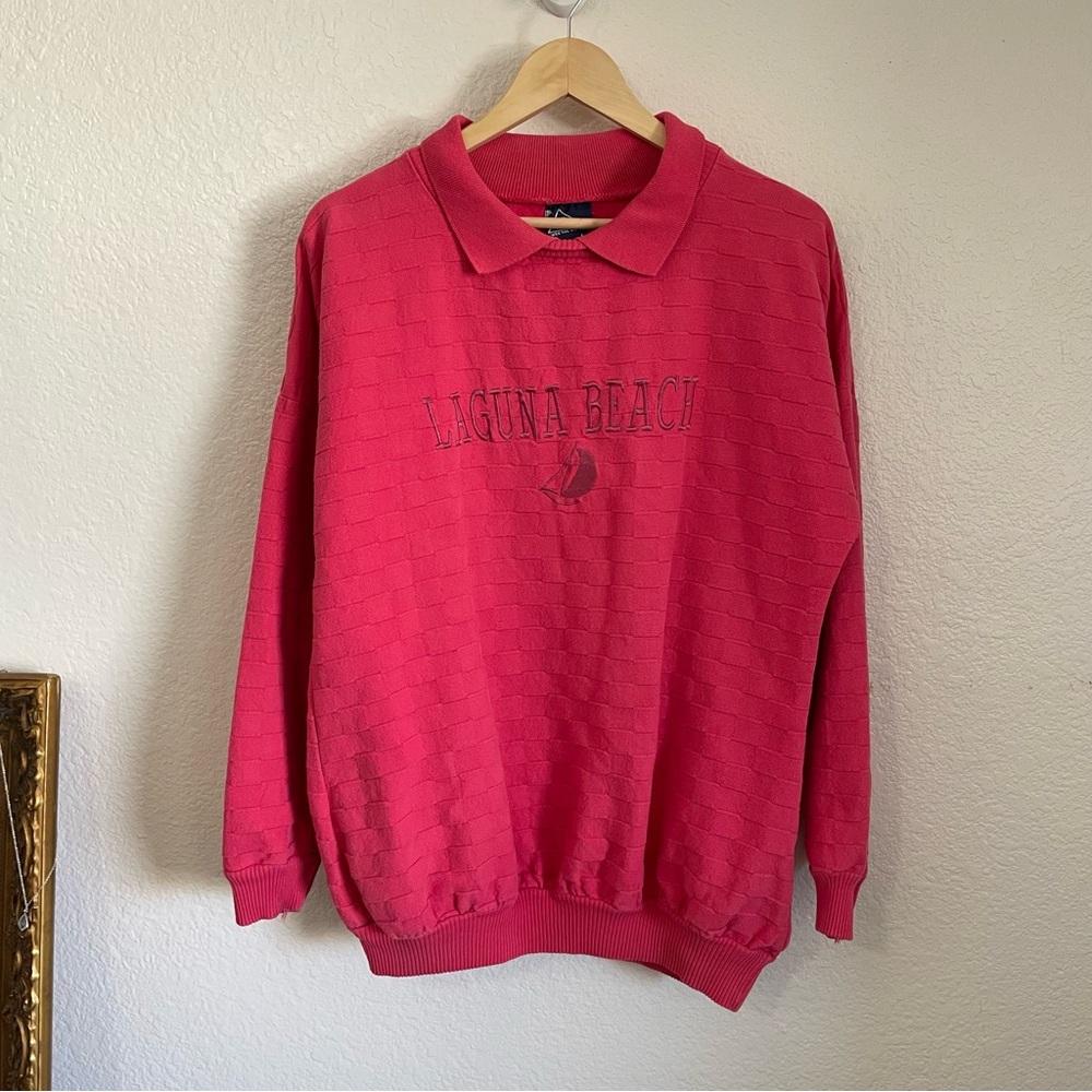 Vintage Laguna Beach California Collared Crewneck Sweatshirt Embroidered Sailing